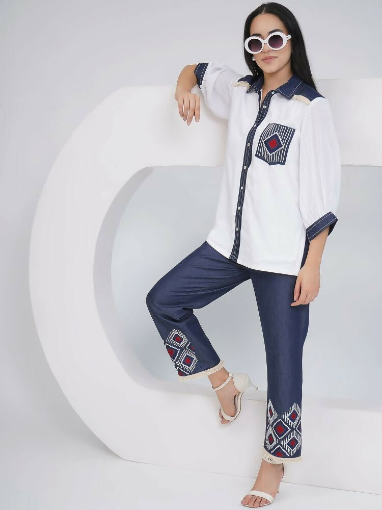 Joban Fashion White Rayon Crepe Hand-Embellished Shirt with Embellished Pants