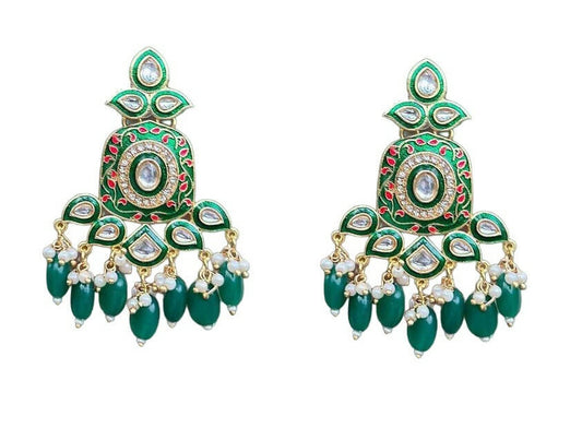 Gold-Toned Green Kundan Contemporary Drop Earrings for Women & Girls By House of Ree - Grab2buy