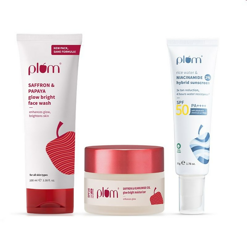Plum CSM Combo - Saffron Face Wash Saffron Moisturizer & Niacinamide & Rice Water SPF Sunscreen | Grab2Buy
