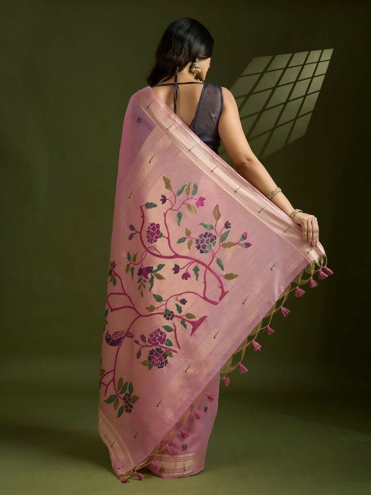 Vishnu Weaves Women's Pink Muga Cotton Thread Woven Butti with Blouse 