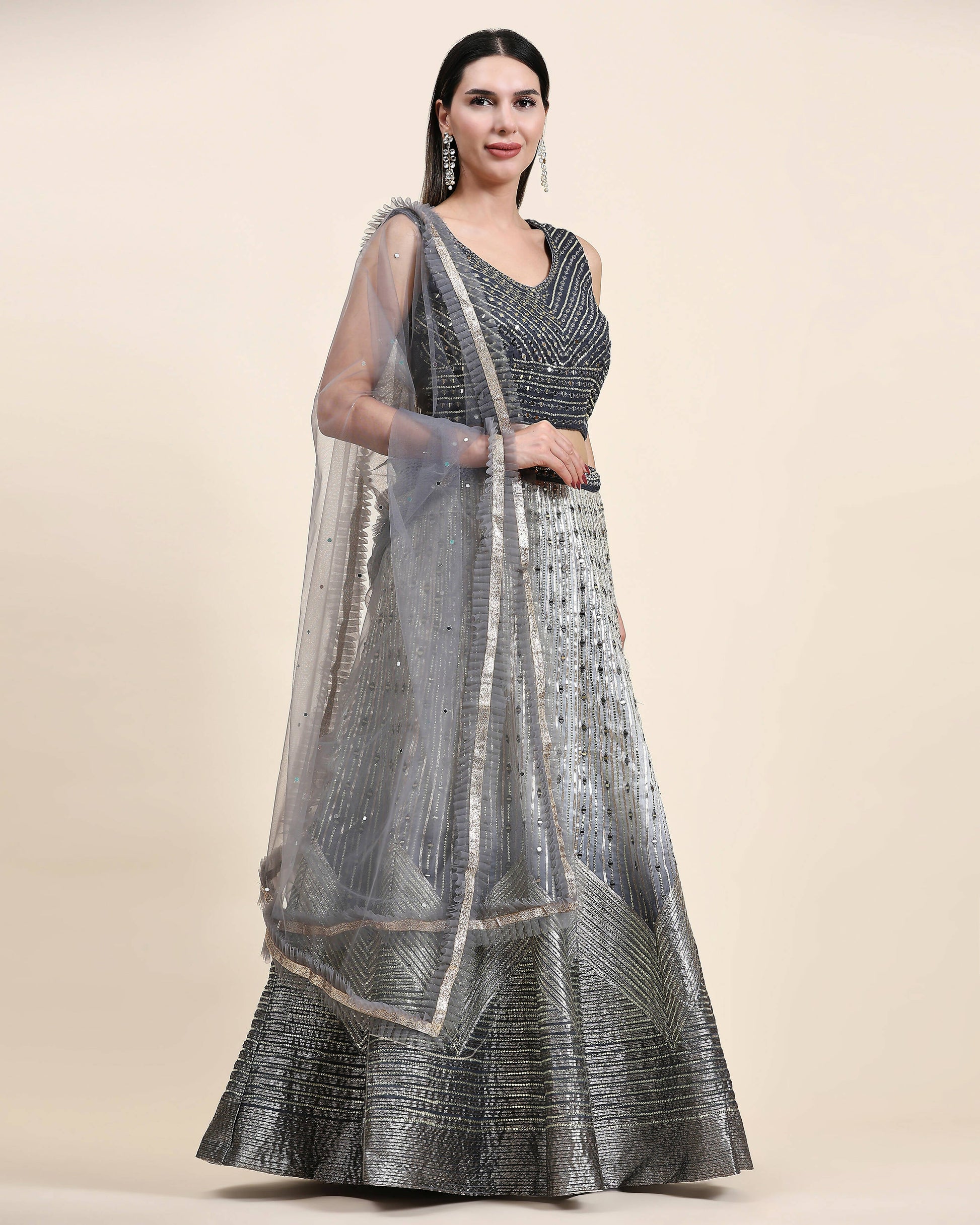 Grey Organza Mirror With Coding Work Lehenga Choli with Dupatta - Tanya