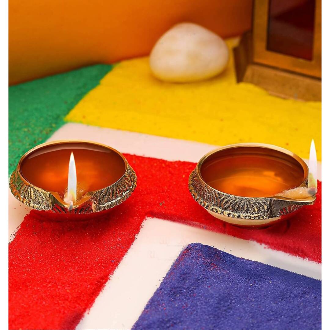 Tied Ribbons Antique 2 Pieces Gold-Toned Textured Brass Diyas 