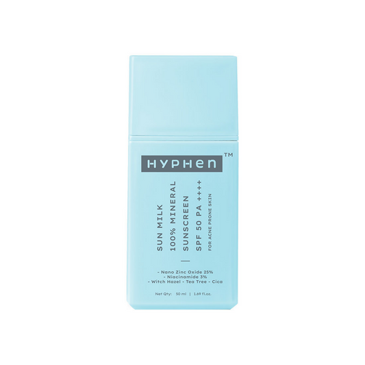 Hyphen Sun Milk 100% Mineral Sunscreen SPF 50 PA++++ 25% Nano Zinc Oxide For Acne Prone, Oily Skin 