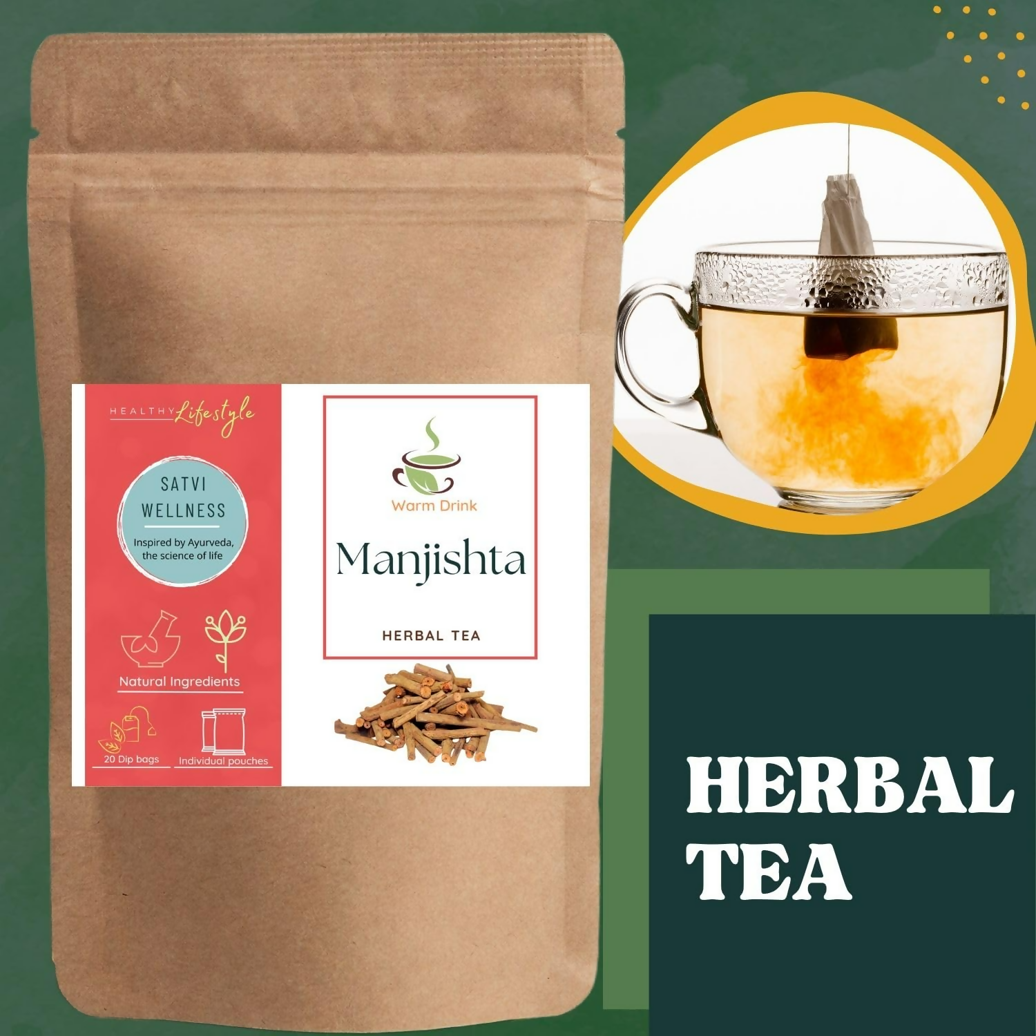 Satvi Wellness Manjishta Tea Bags | Indian Madder | Manjatti | Herbal Tea 