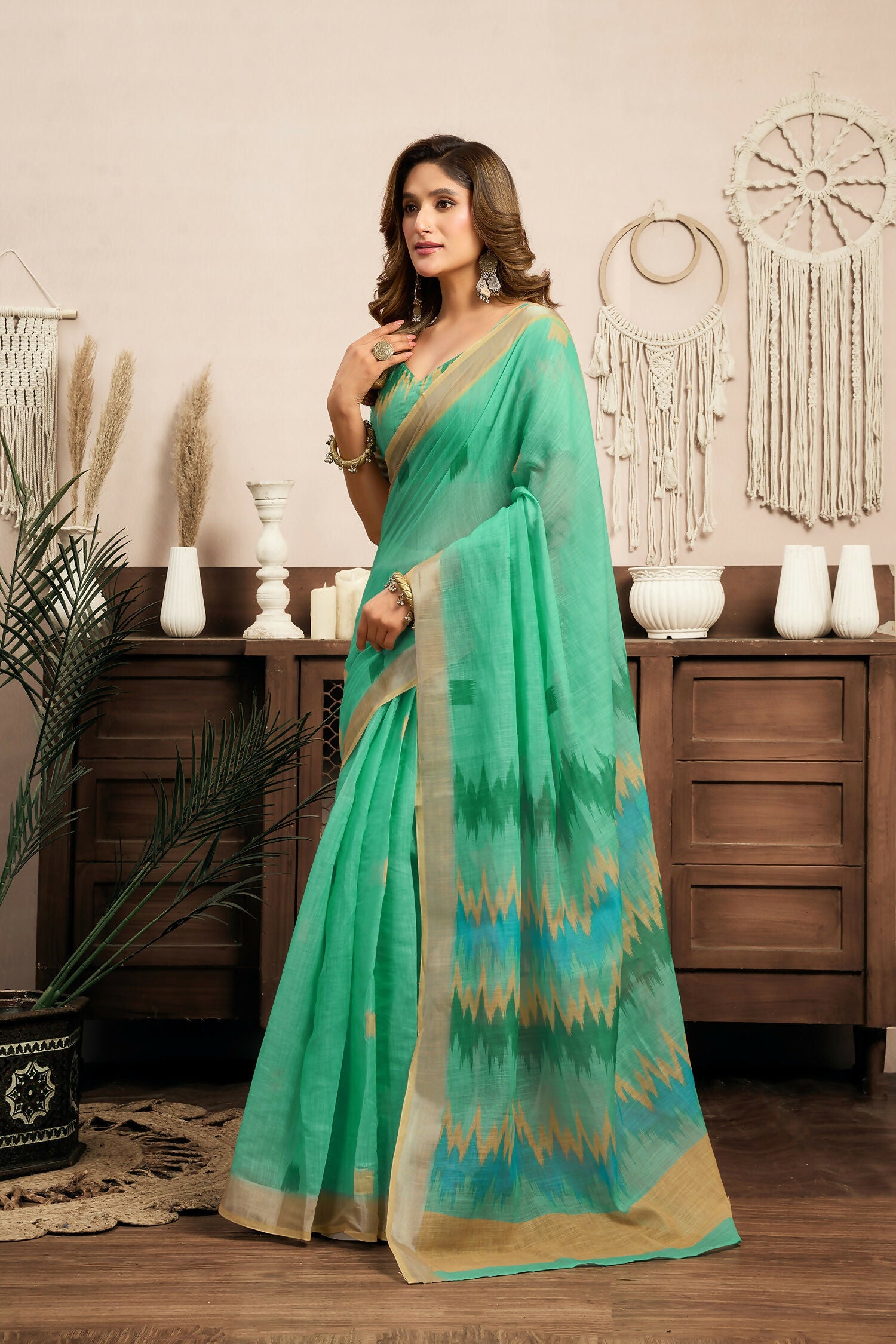Joban Fashion Teal Green Ikkat Linen Ready To Wear Saree With Unstitched Blouse