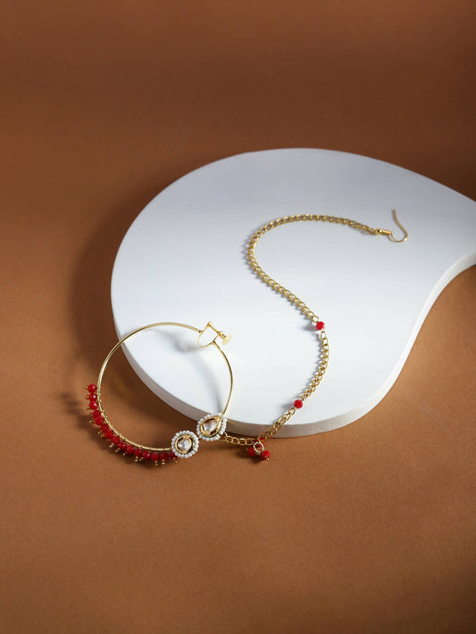 Gold-Plated White Red Kundan-Studded Pearl Beaded Nosepin - Ruby Raang - Grab2buy