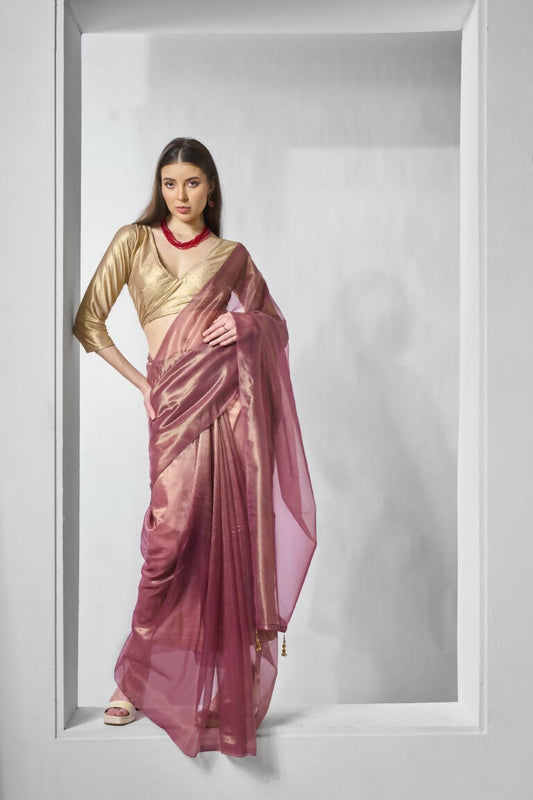 Onion Gold Tissue Net Solid & Gold Cotted Saree - Samaa