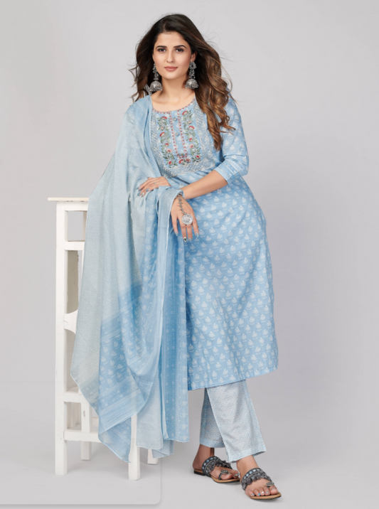 NOZ2TOZ Women's Printed & Embroidered Straight Cotton Sky Blue Stitched Kurta Pant With Dupatta (3Pcs Set) - Grab2buy