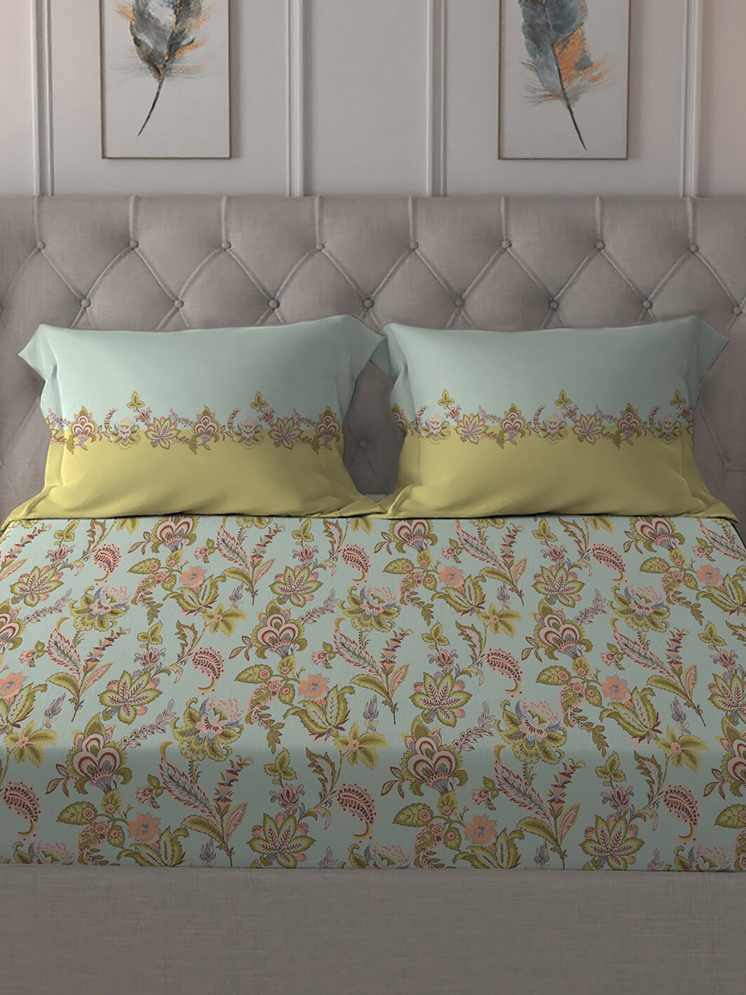 MYTRIDENT Blue White Floral Pure Cotton 144 TC Queen Bedsheet With 2 Pillow Covers 