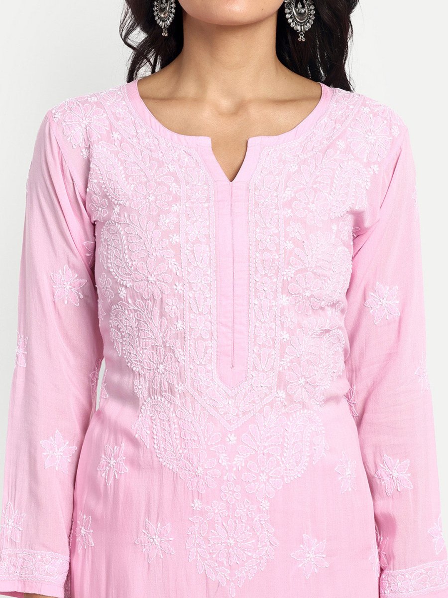 ADA Floral Embroidered Round Neck Long Sleeve Regular Chikankari Kurta With Palazzos 