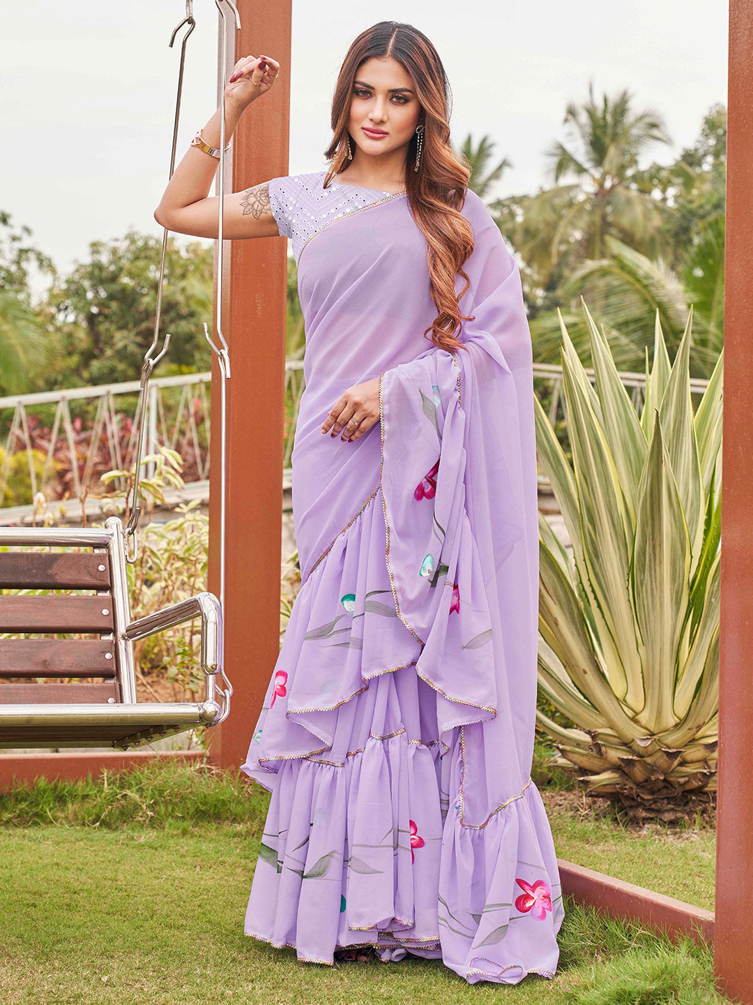 Tikhi Imli Printed Ruffle Grab2Buy With Mirror Embroidered Work Blouse 