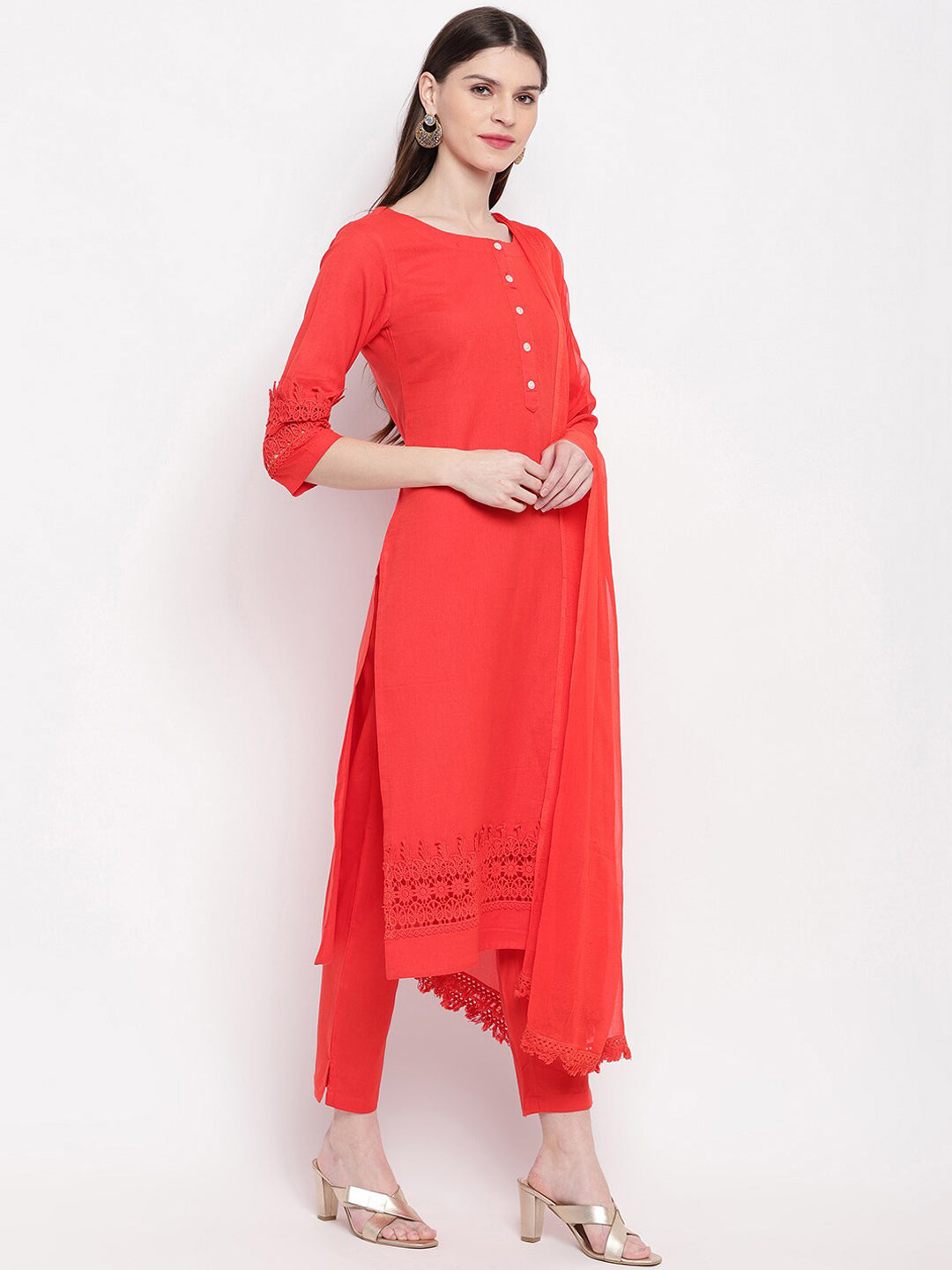 Janasya Women Red Solid Kurta with Trousers & Dupatta