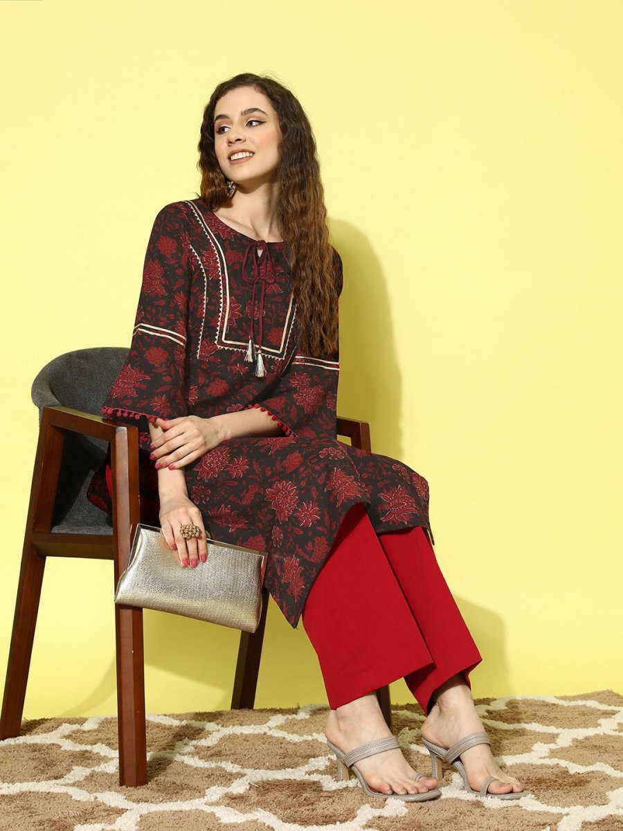 All About You Navy Blue Floral Printed Bell Sleeves Gotta Patti Pure Cotton Kurta