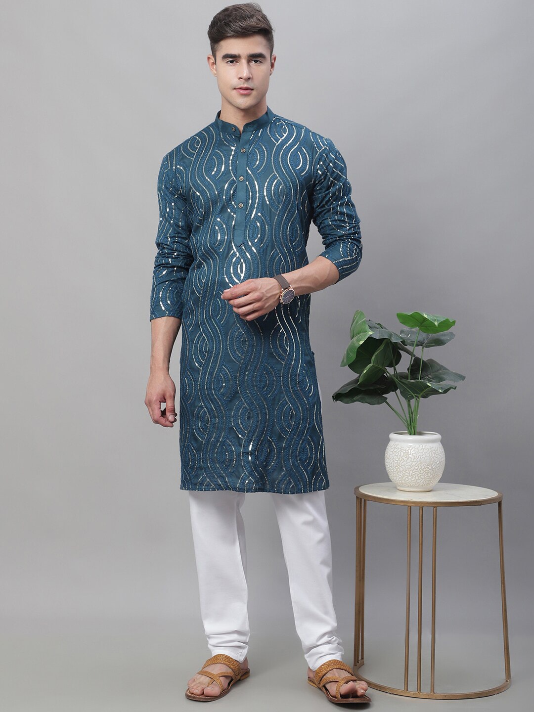 Sojanya Ethnic Motifs Embroidered Sequinned Pure Cotton Kurta with Churidar 