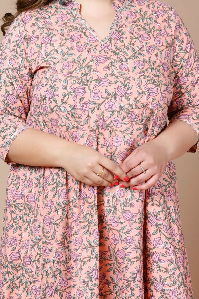 Miravan Women's Orange Plus Size Cotton Floral Printed Anarkali Kurta