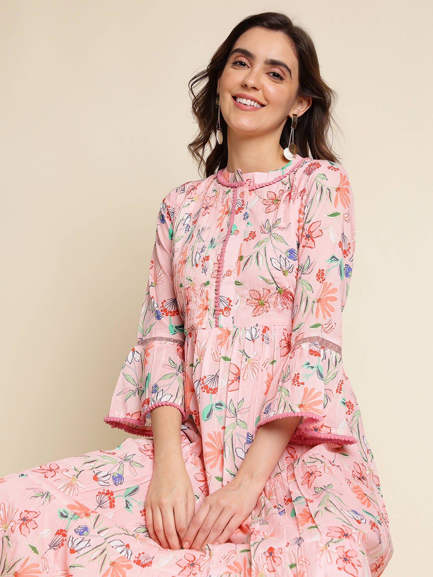 Pink Cotton Floral Printed Dress - Nandani