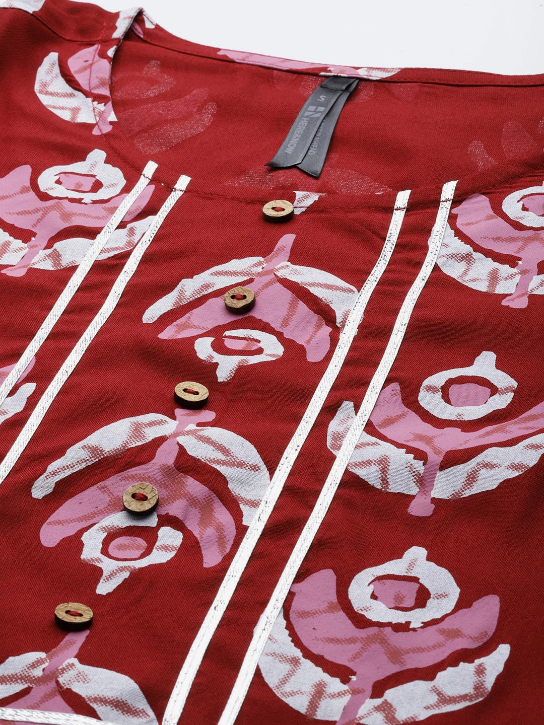 HERE&NOW Women Maroon & Pink Ethnic Motifs Printed Regular Gotta Patti Kurta with Trousers