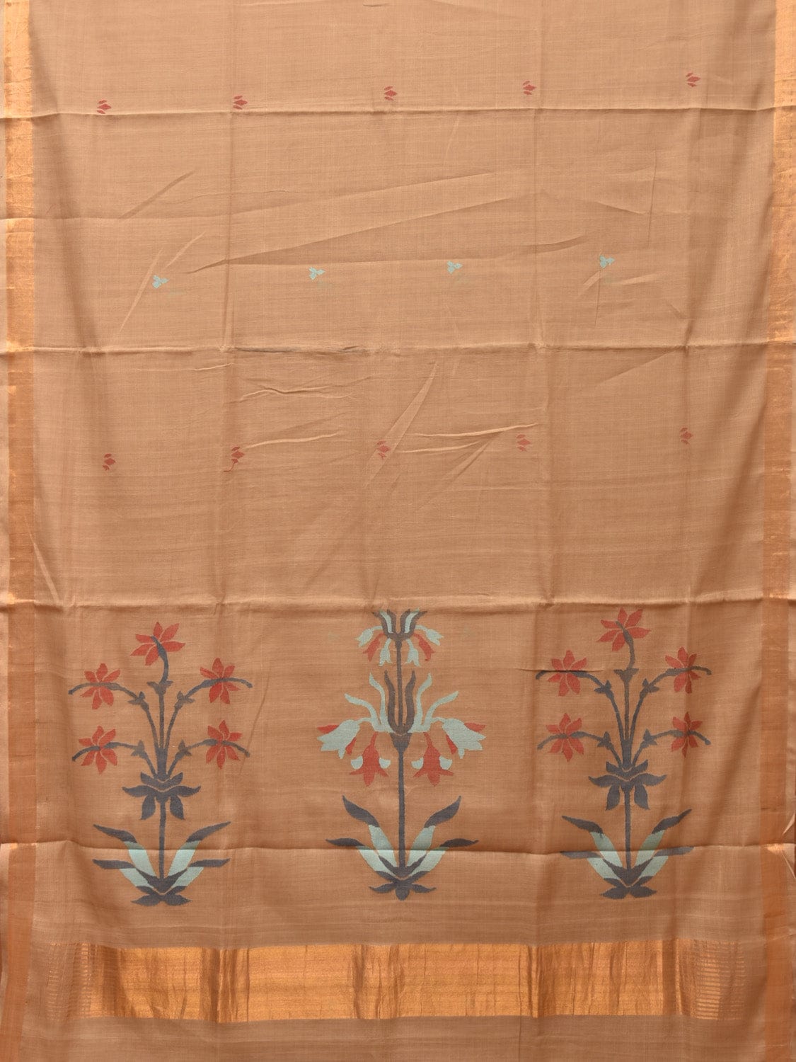 Fawn Khadi Cotton Handloom Grab2Buy with Plants Pallu Design - Global Threads 