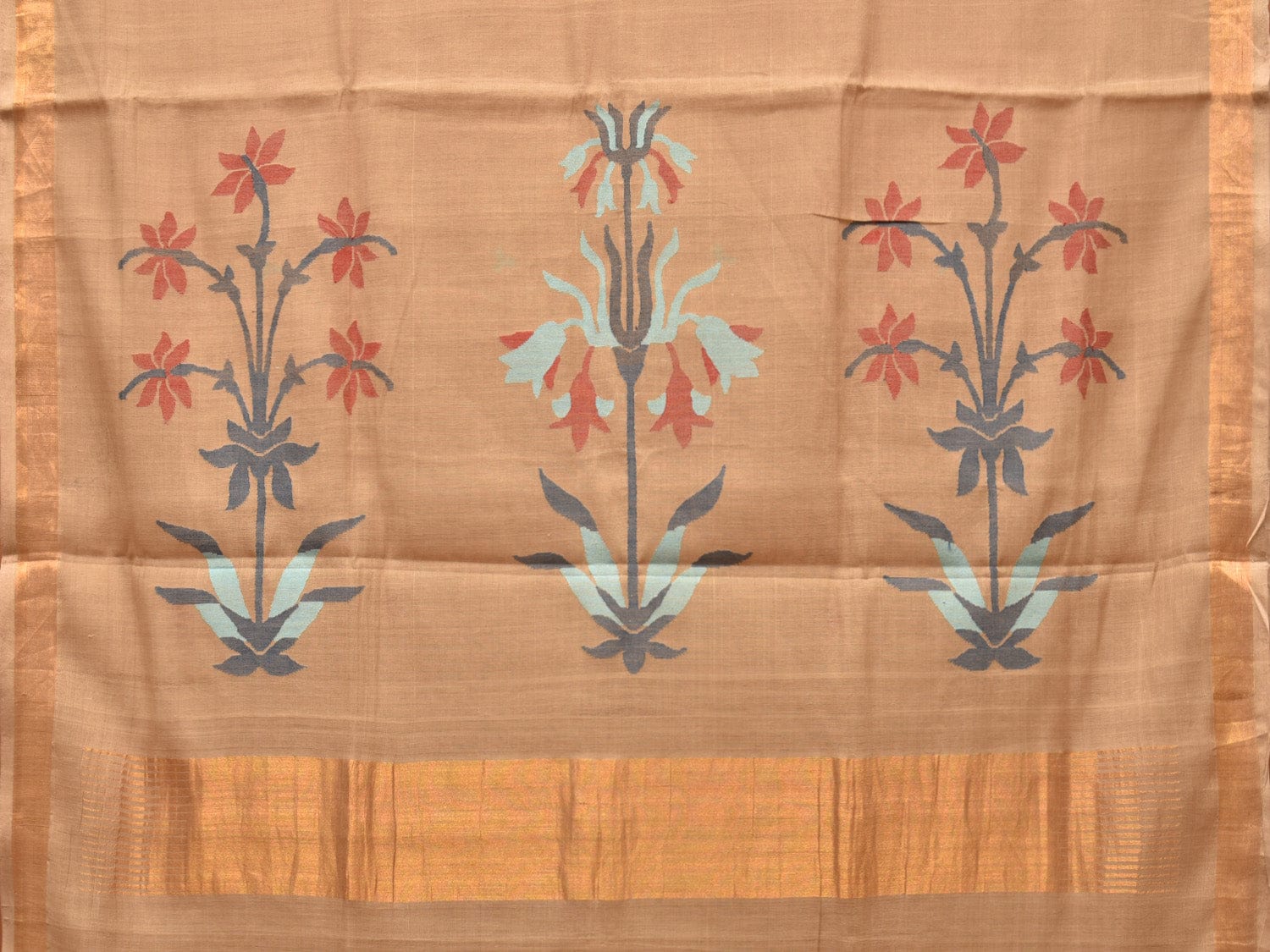 Fawn Khadi Cotton Handloom Grab2Buy with Plants Pallu Design - Global Threads 