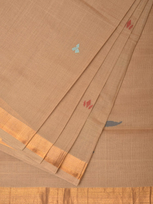 Fawn Khadi Cotton Handloom Grab2Buy with Plants Pallu Design - Global Threads 