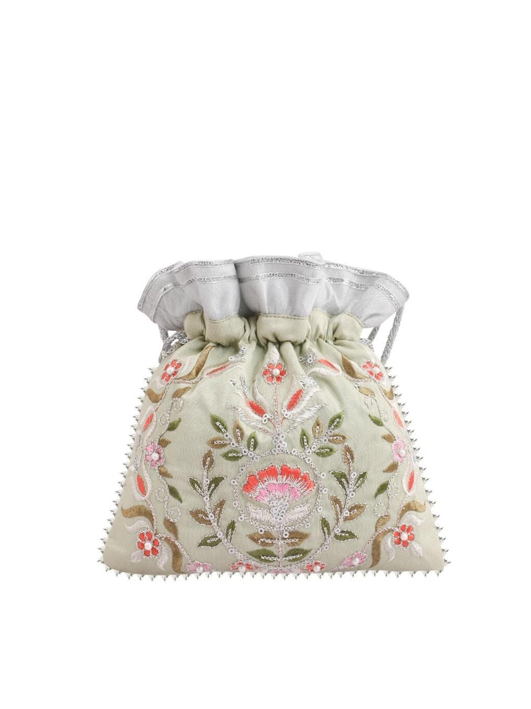 Masq Green & Pink Embellished Embroidered Potli Clutch 