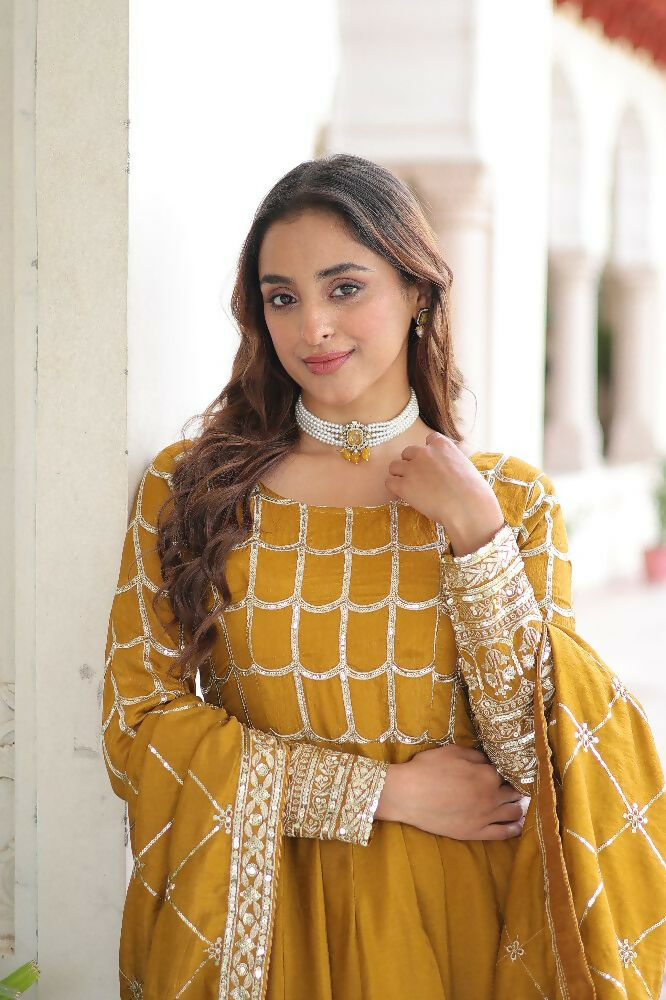 Joban Fashion Yellow Kurta Set Silk Sequins , Zari, Coding & Thread Embroidered work