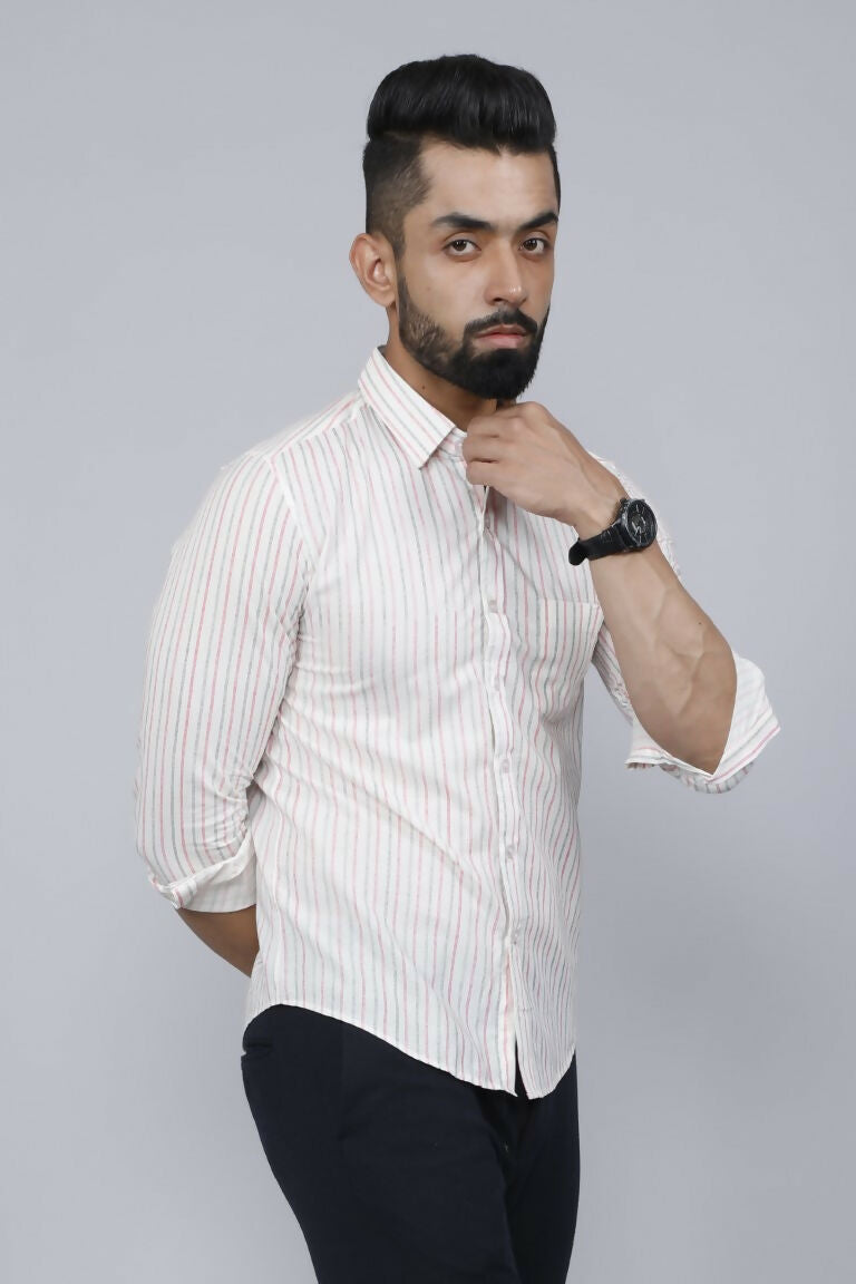 Miravan Men's White Spread Collar Striped Print Casual Shirt 