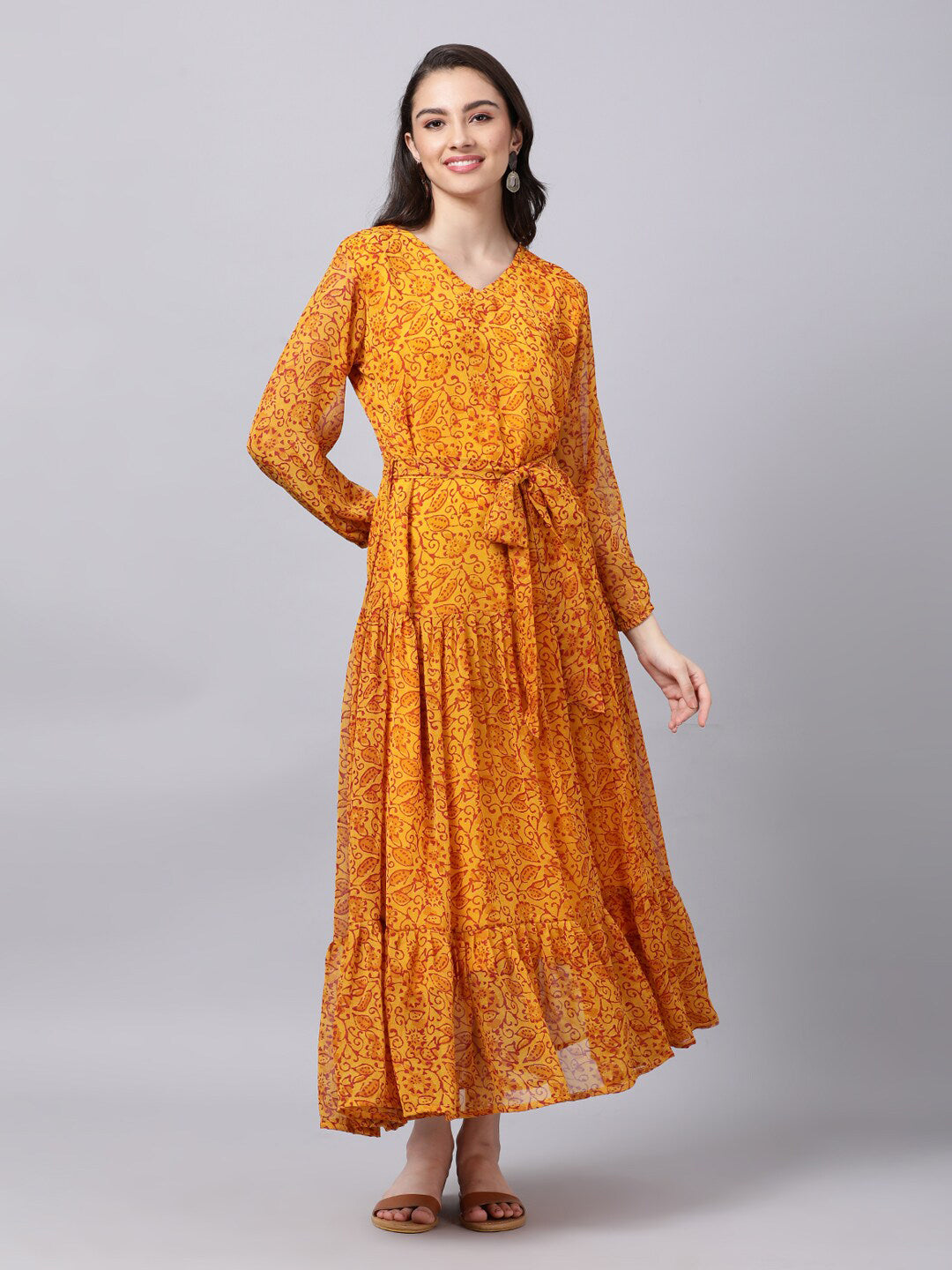 Souchii Yellow Floral Layered Chiffon Maxi Dress 