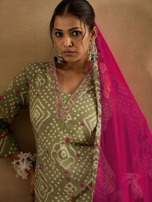 Indo Era Bandhani Printed Pure Cotton Kurta With Trousers & Dupatta