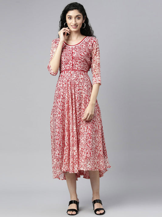 Souchii White & Red Floral Layered Chiffon Beautiful Midi Dress 