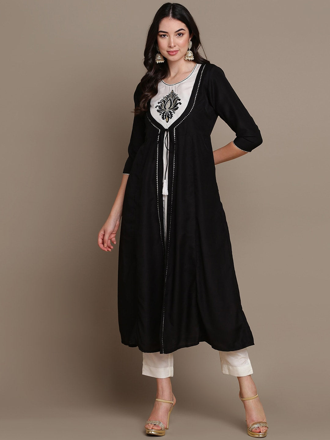 HERE&NOW Ethnic Motifs Embroidered Layered A-Line Cotton Kurta