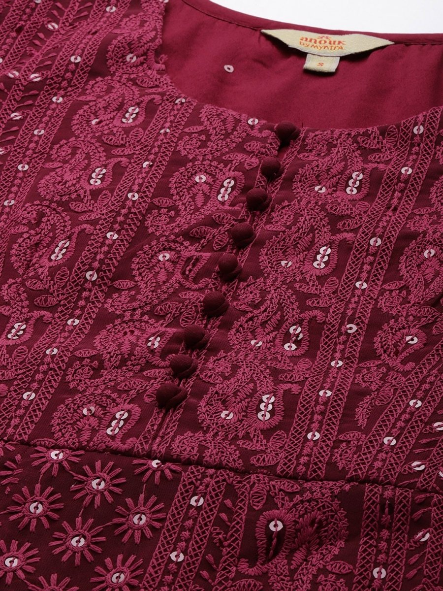 Anouk Women Maroon Ethnic Motifs Embroidered Chikankari Kurta with Palazzos & With Dupatta 