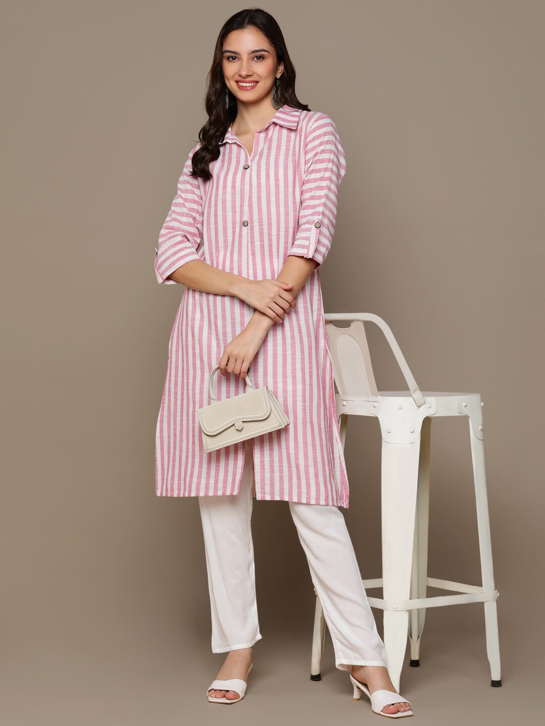 HERE&NOW Pink & White Shirt Collar Roll-Up Sleeves Striped Pure Cotton Straight Kurta