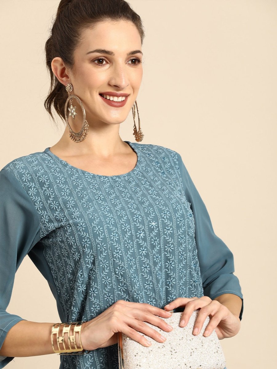 All About You Women Grey Ethnic Motifs Embroidered Regular Chikankari Kurta with Palazzos 