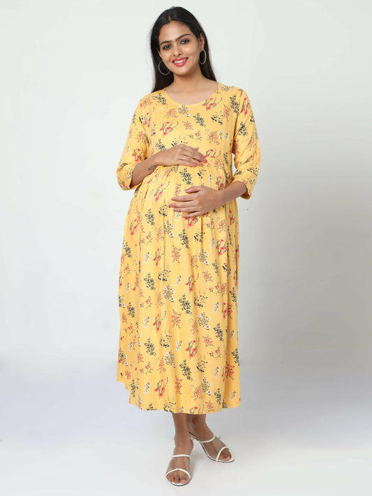Manet Three Fourth Maternity Dress Floral Print With Concealed Zipper Nursing Access - Yellow