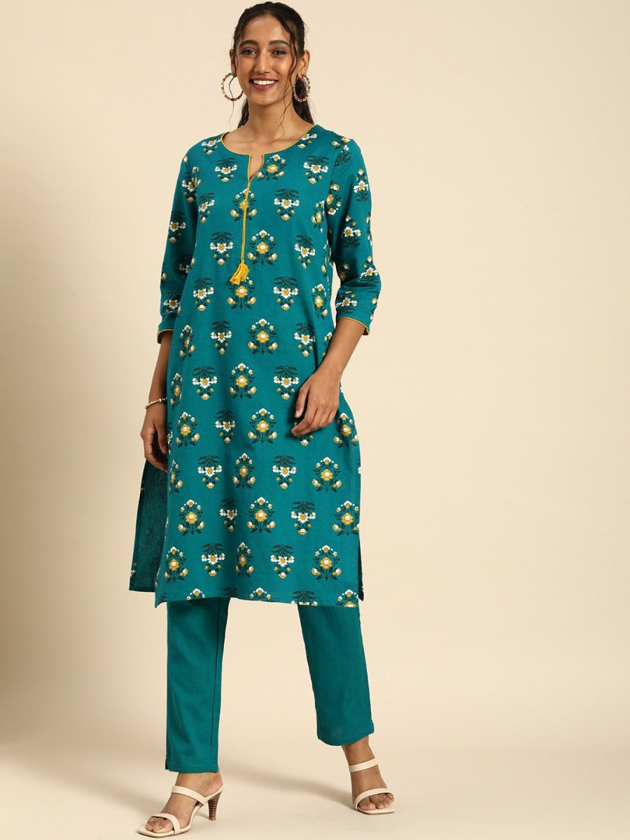 All About You Women Teal Blue Floral Printed Regular Pure Cotton Kurta with Trousers