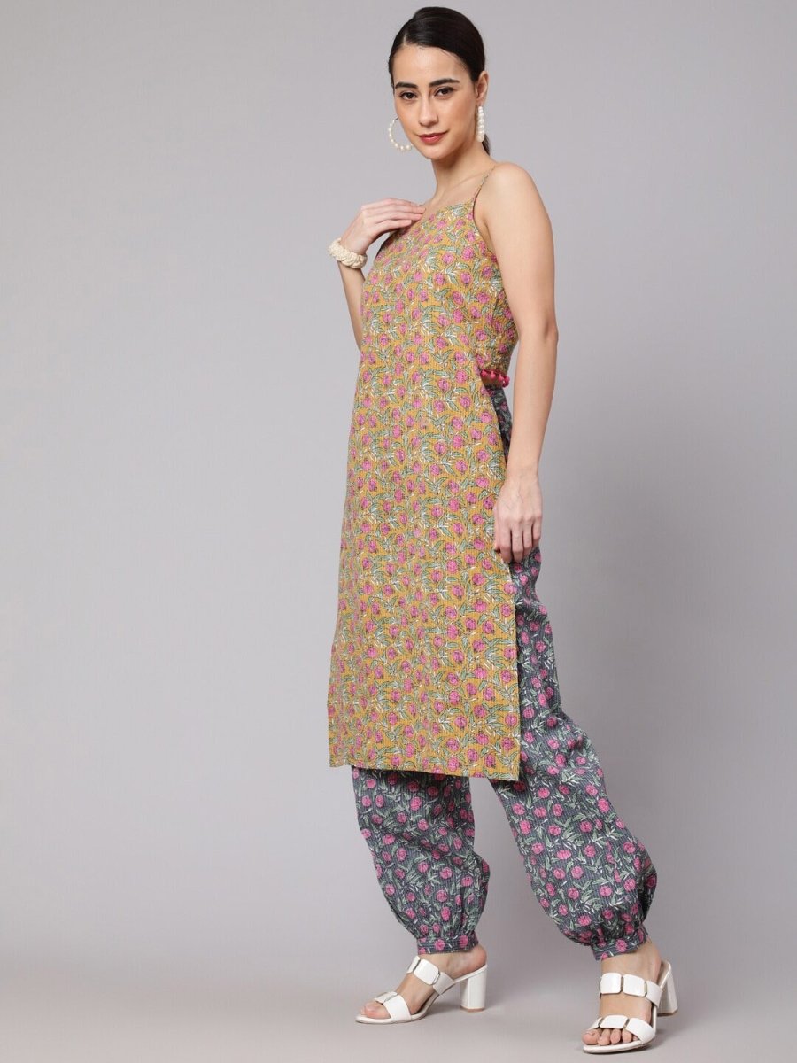 Aks Floral Printed Shoulder Straps Pure Cotton Kurta with Harem Pants