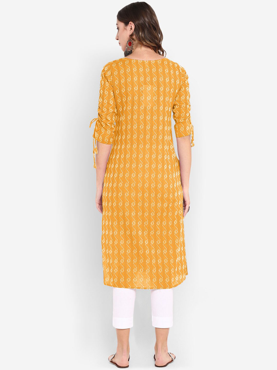 Janasya Women Yellow & Off-White Woven Design Straight Kurta