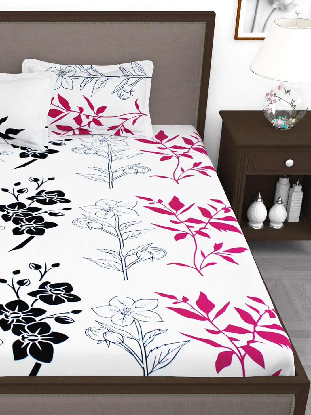 Story@home White & Pink Floral King Bedsheet with 2 Pillow Covers 
