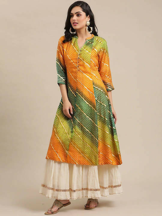 Varanga Mustard Yellow & Green Bandhani Dyed Anarkali Kurta - Grab2buy