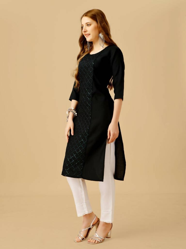 Aastha Fashion Women's Black Cotton Blend Embroidered Kurta Pant Set - Grab2buy