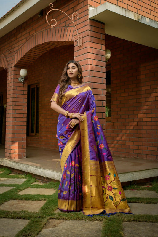 Jyoti Fashion Women's Purple Paithani Silk Zari Woven Saree with Blouse