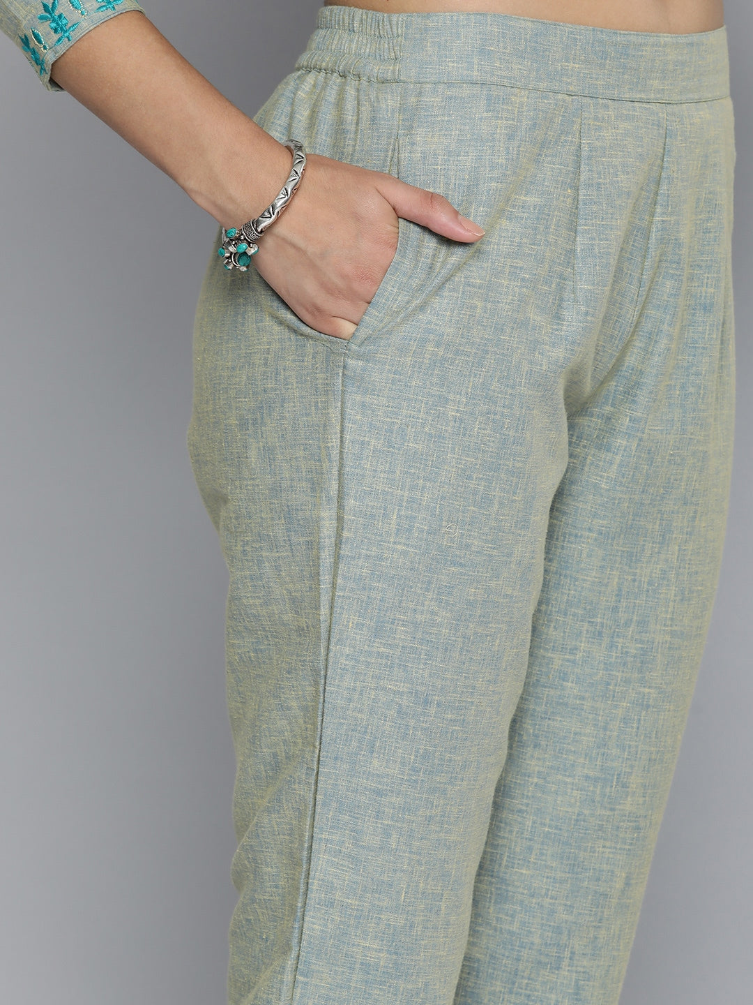 HERE&NOW Grey & Blue Embroidered Cotton Kurta with Trousers & With Dupatta