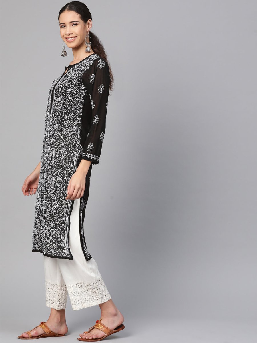 ADA Women Black & White Chikankari Hand Embroidered Semi-Sheer Straight Sustainable Handloom Kurta 