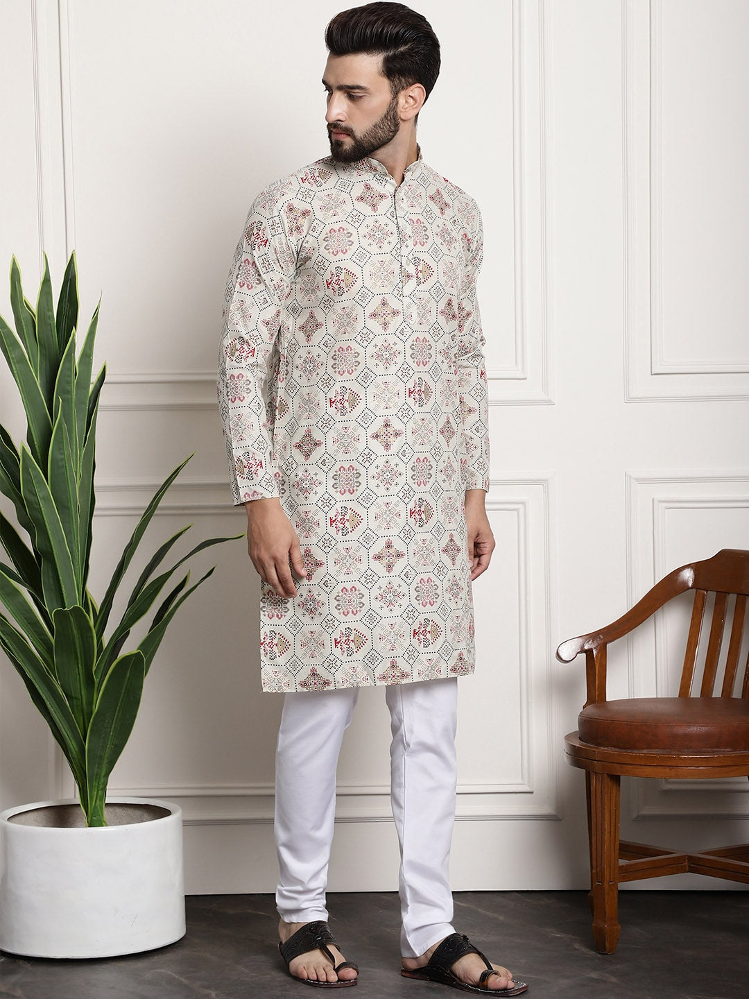 Sojanya Men Beige Printed Cotton Linen Kurta with Churidar 