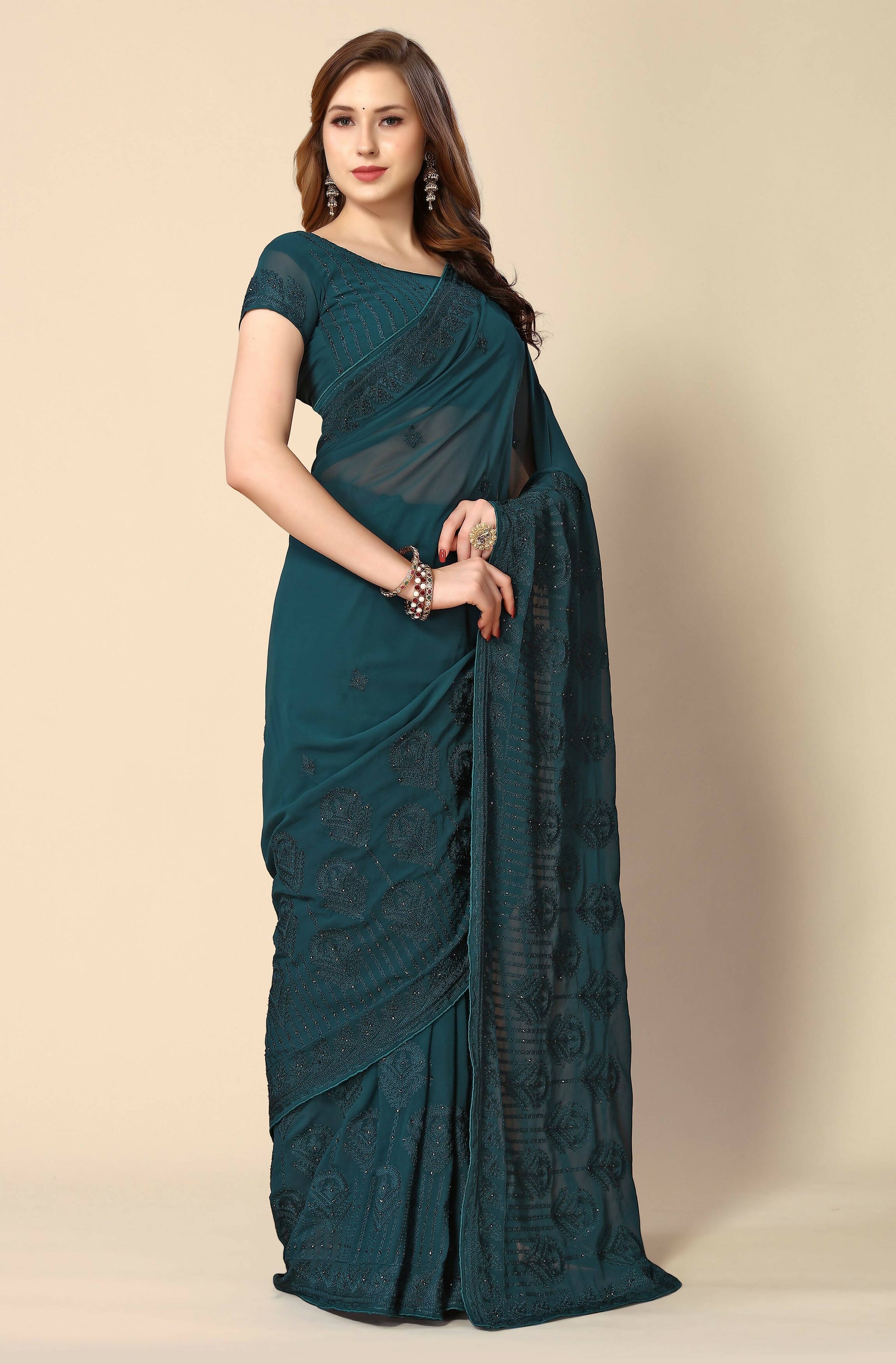 Teal Georgette Embroidered and Stone Work Saree with Unstitched Blouse Piece - Roozal