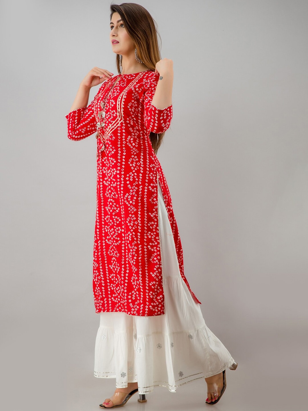 HERE&NOW Red & Gold-Toned Bandhani Printed Gotta Patti Kurta with Sharara