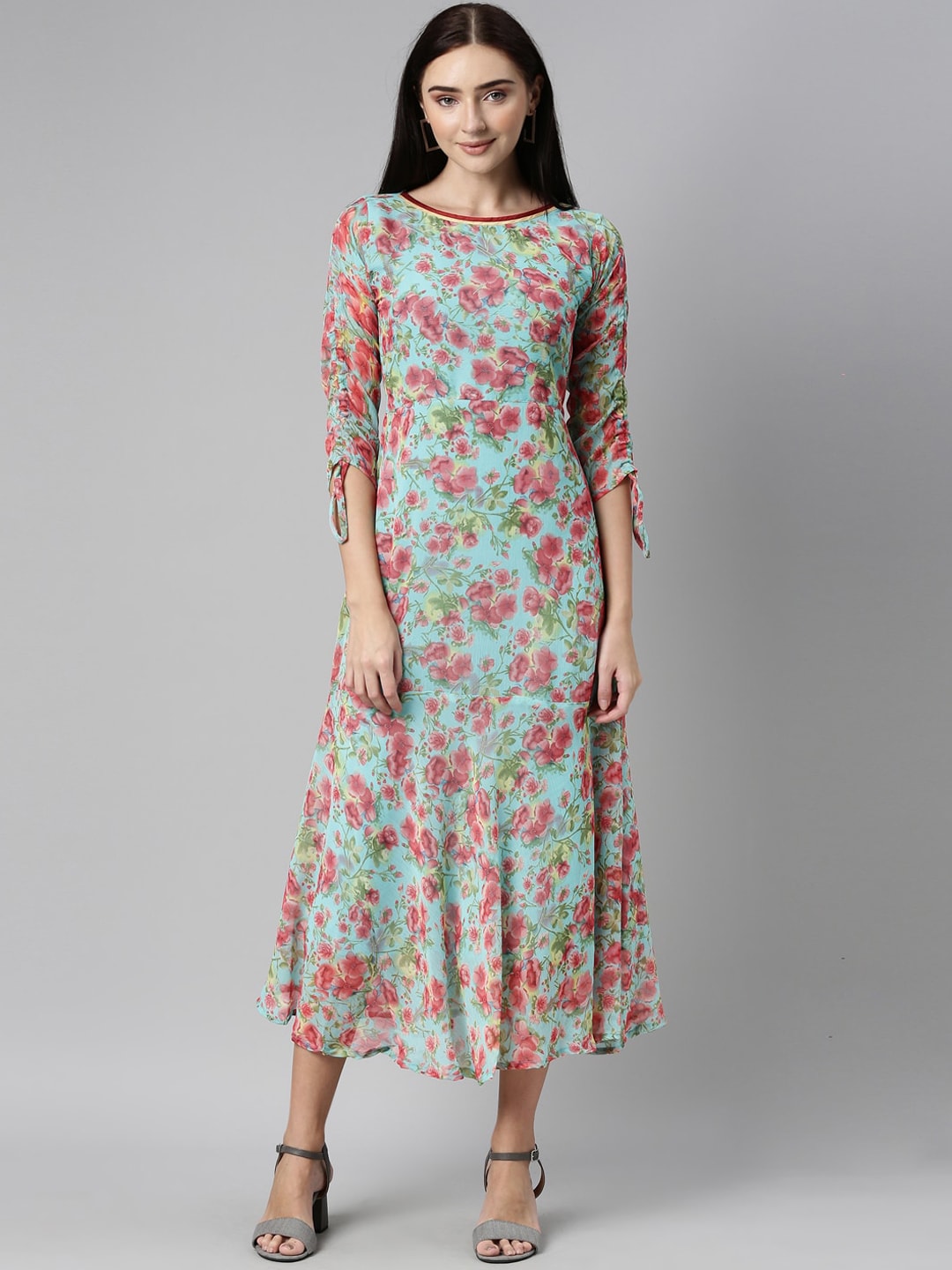 Souchii Turquoise Blue Floral Printed Chiffon A-Line Midi Dress | Grab2Buy