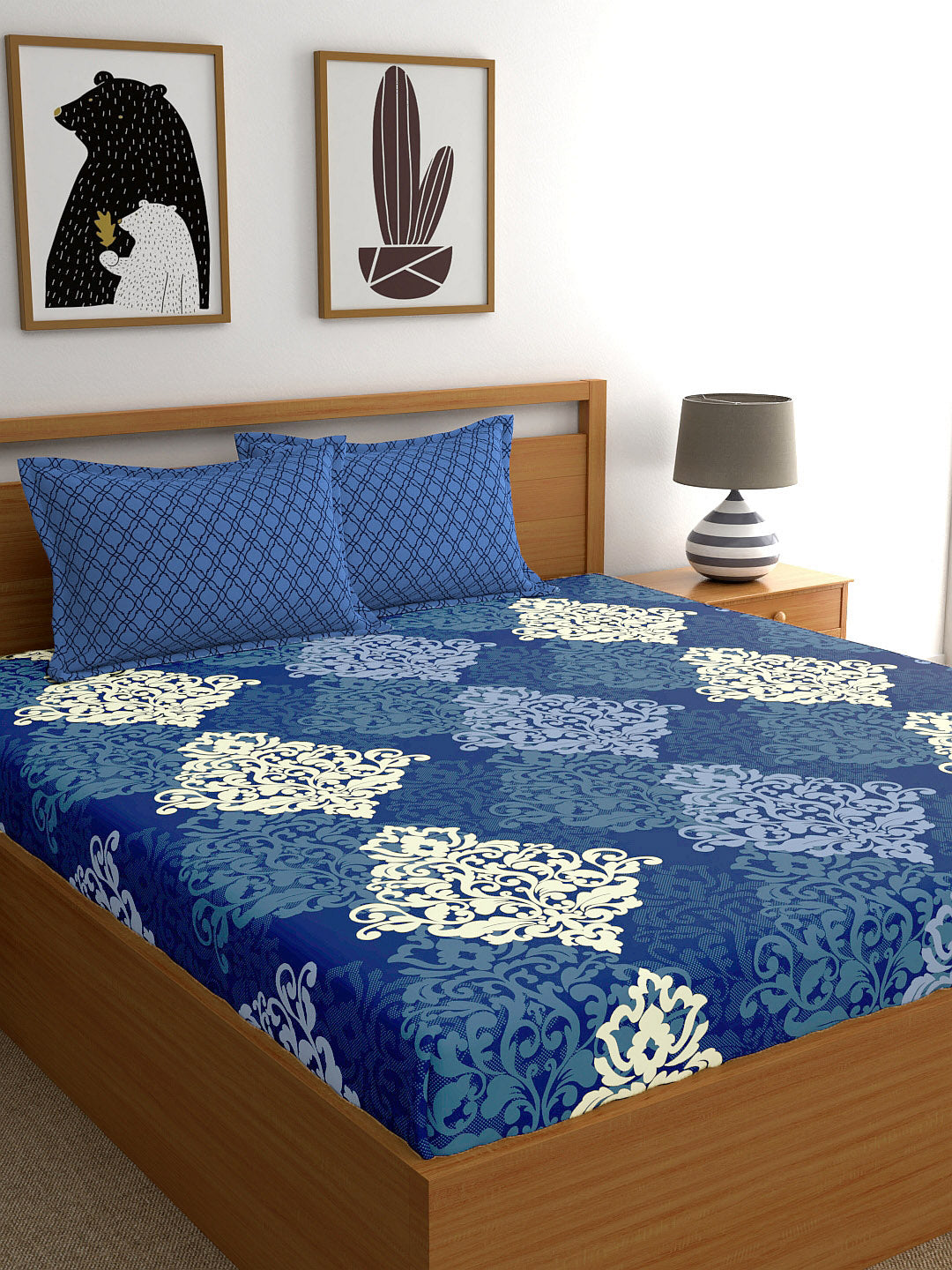 My Room Navy Blue Ethnic Printed 144 TC Super King Bedsheet with 2 Pillow Covers