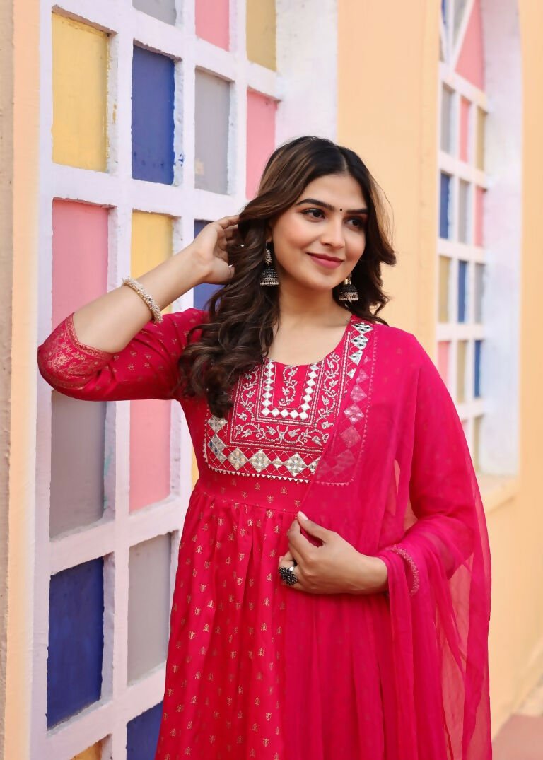 Alvano Women's A-line Naira Cut Embroidery work Print Kurti with Pant and Dupatta set Rayon (Red)